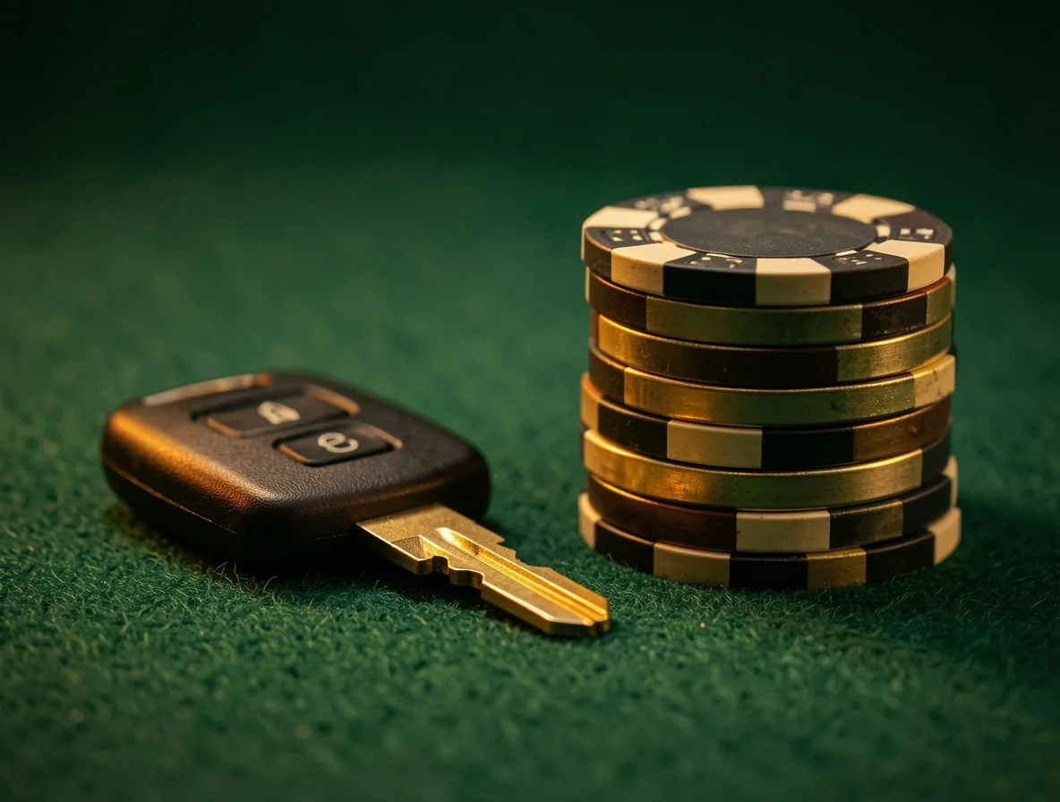 Car key and chips on green felt
