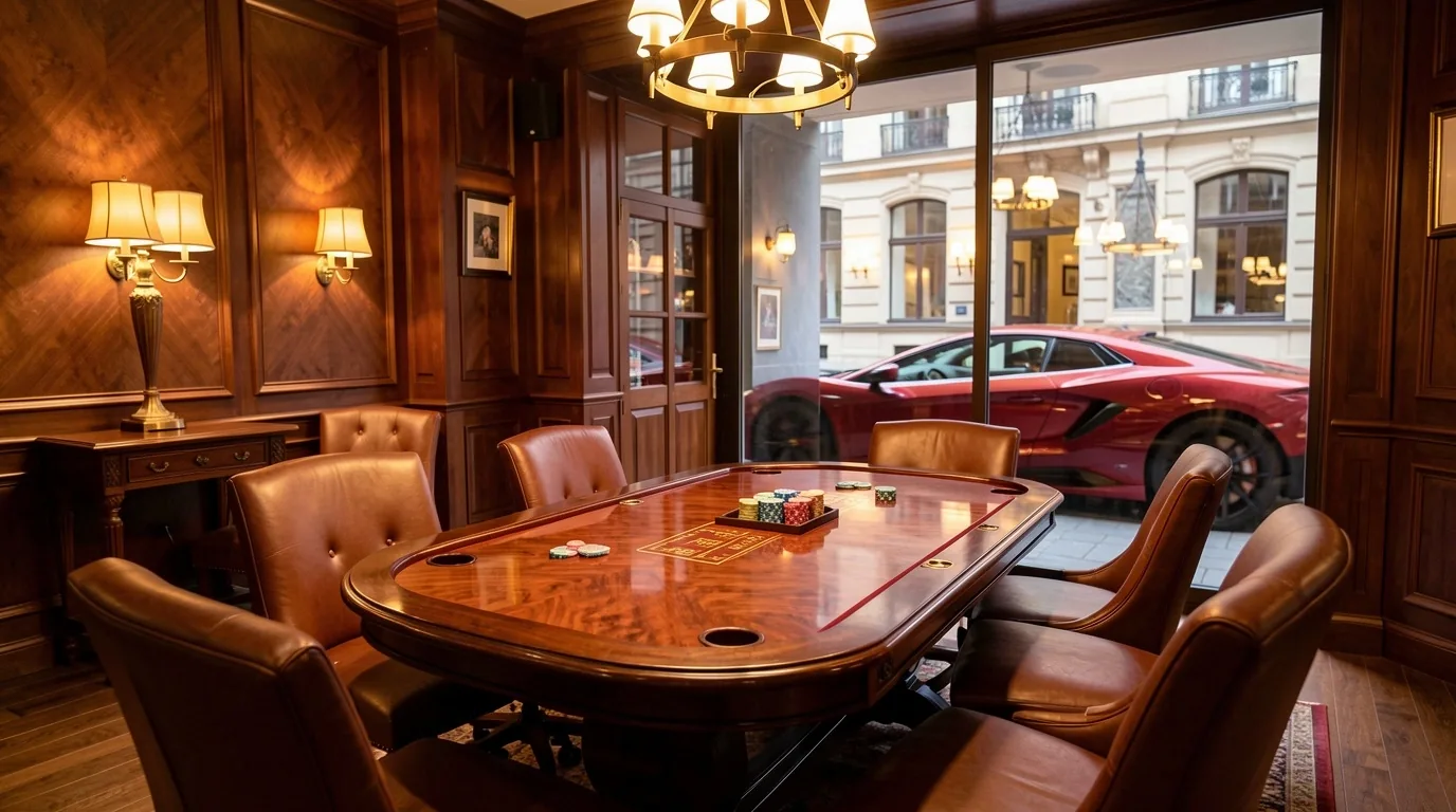 A well-kept club room in warm lighting